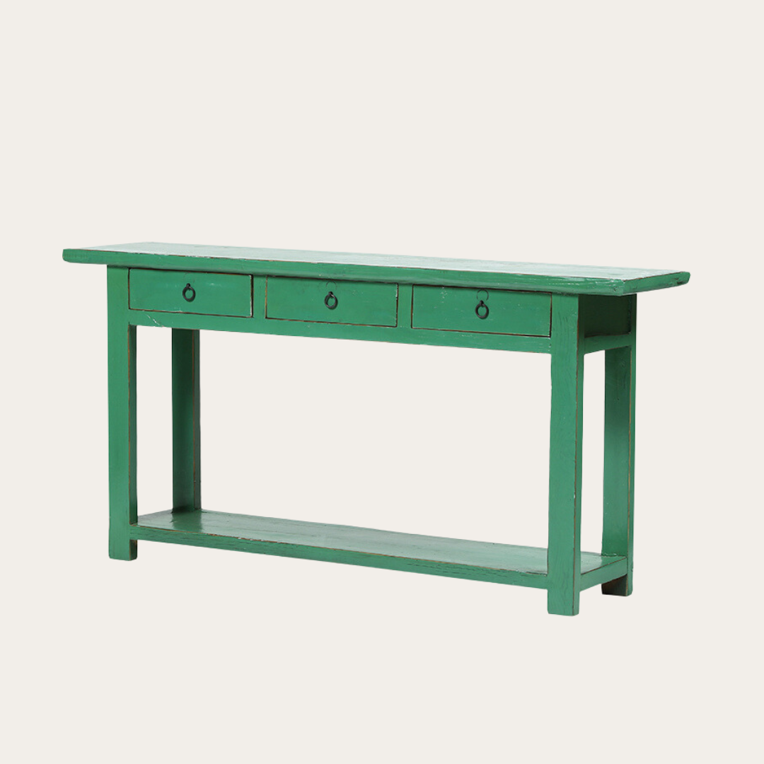 Consola de madera olmo pintada en color verde