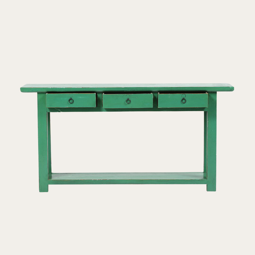 Consola de madera olmo pintada en color verde