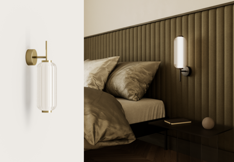 Aplique de iluminación para pared fabricado en cristal estriado transparente y metal a elegir entre dorado y negro