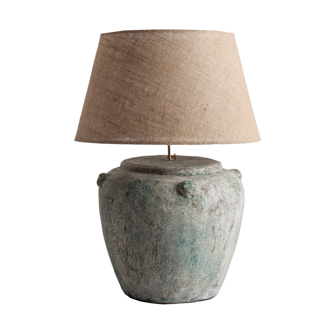 Lámpara de sobremesa en terracota de tono azul verdoso