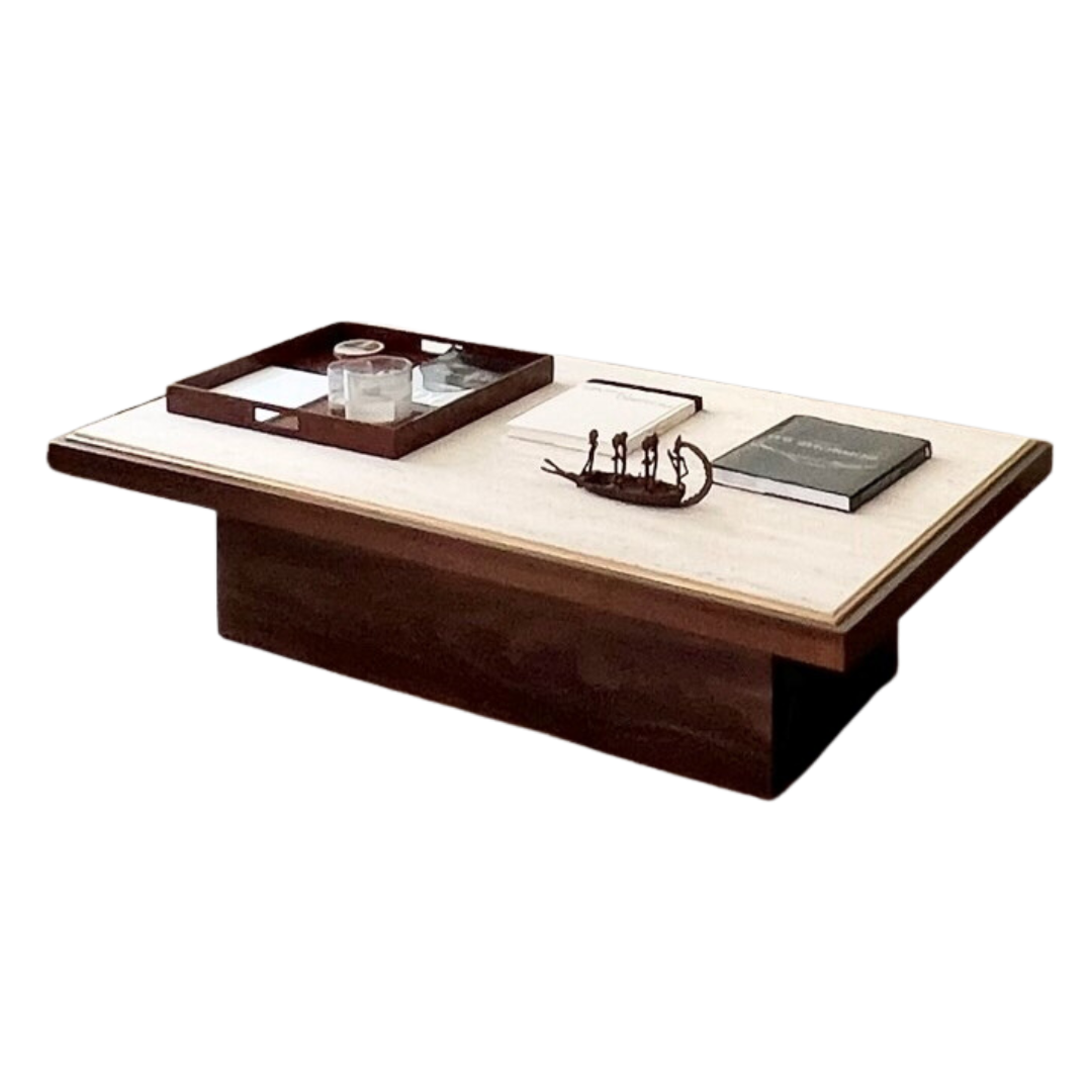 Mesa fabricada en madera de pino teñida de oscuro y tapa de mármol