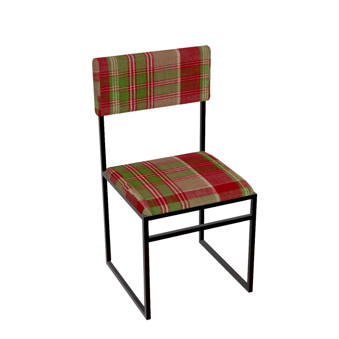 Silla fabricada de forma artesanal en hierro negro y tapizada en tejido de calidad y diseño